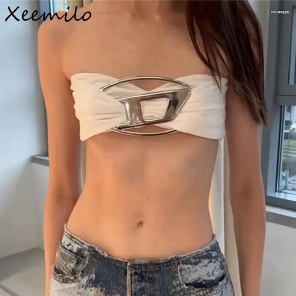 Tanques de mujer Xeemilo Y2K Metal Patchwork Ruched Tank Top Sexy Sin tirantes Sólido Sin espalda Crop Tops 2024 Summer Streetwear Party