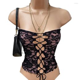 Dames tanktops Dames Y2k Fairy Coquette Backless Bandeau-vest Bloemenkant Mesh Boob Tube Tops Frint Tie Up Hollow Out Chest Crop Top