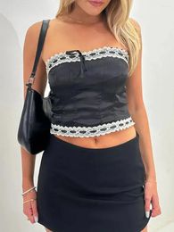 Tanques de mujer Mujeres Satin Lace Trim Tube Top Y2k Sin tirantes Pajarita Frente Cultivo Color Bloque Sin mangas Bandeau Camisa