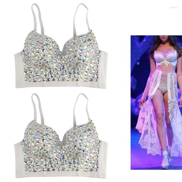 Tanques de mujer Mujeres Sexy AB Color para Rhinestone Bustier Crop Top Correa de espagueti Push Up Joyería Bralette Glitter Club Party Corset Bra