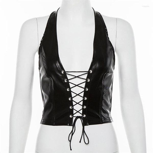 Tanks Femmes Femmes Sexy Dos Nu Creux À Lacets Bandage PU Cuir Y2K Corset Tops Femme Mode Noir Party Clubwear Tees Crop