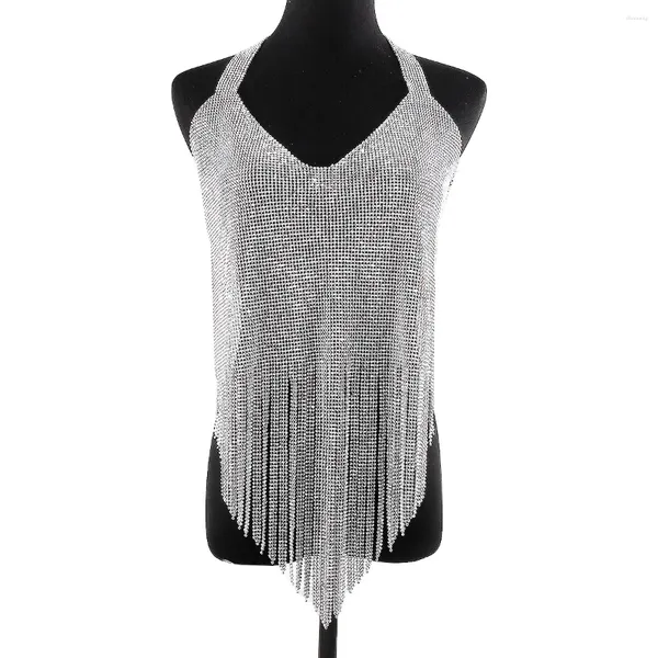 Tanques de mujer Mujeres Sexy Pecho Cuerpo Cadena Tank Tops Moda Rhinestone Borla Halter Cuello Sin mangas Sin espalda Sujetador Cultivo Camis Streetwear