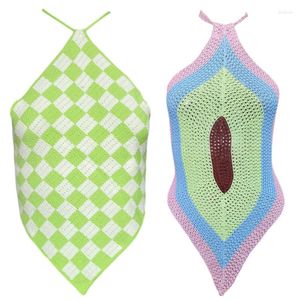 Débardeurs pour femmes Femmes Sexy Halter Dos Nu Crop Top Mutlicolor Argyle Plaid Tricoté Camisole Harajuku Crochet Slim Ourlet Irrégulier Gilet