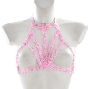 Tanques de mujer Mujeres Sexy Lace Pink Bra Ajustable Crop Top Jaula Pecho abierto Bralette Bondage Cuerpo Arnés Lencería Cinturón