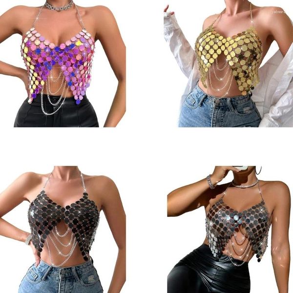 Débardeurs pour femmes Femmes Sexy Paillettes Halter Bras Crop Top Dos Nu Glands En Métal Corps Chaîne Camisole Pour Discothèque Party Outfit