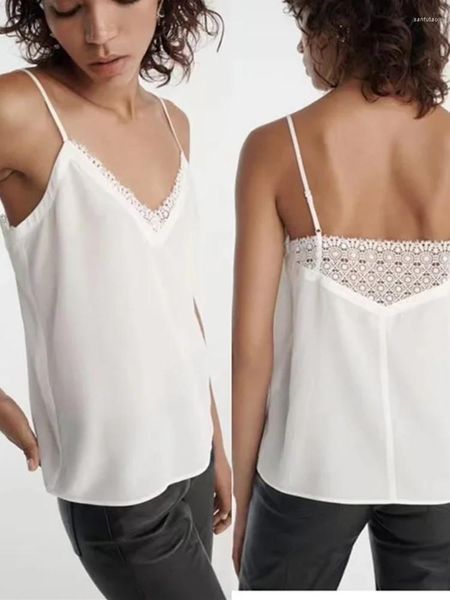 Tanques de mujer Mujeres Sexy Sin mangas Camisola de seda Verano 2023 Femenino Blanco o Negro Cómodo Lace-Recortado Sling Tank Tops