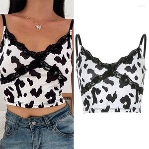 Débardeurs Femmes Sexy Col V Sans Manches Crop Top Lait Vache Imprimé Moulante Camisole Pour Croix Dentelle Patchwork Avant Harajuku Sling Ve 10CF