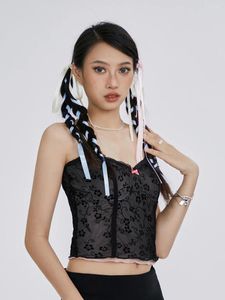Tanks pour femmes Femmes Sheer Mesh Camisole Shirt Floral Print Lace Up Spaghetti STRAP Y2K Summer Crop Tops Streetwear
