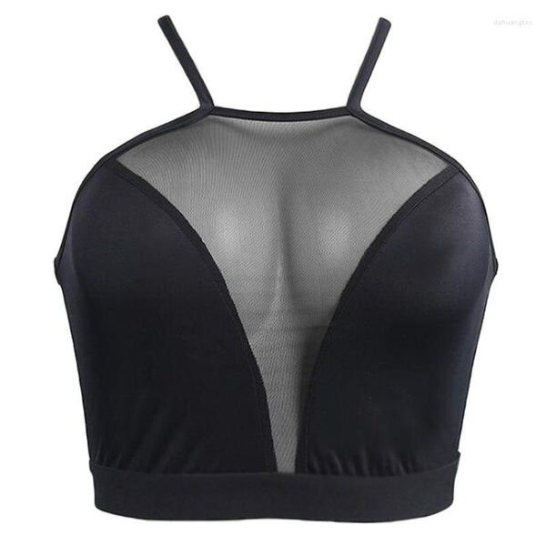 Débardeurs femmes femmes sans manches noir haut court licou maille transparente Patchwork Camisole croisé à bretelles dos nu Bralette Bustier