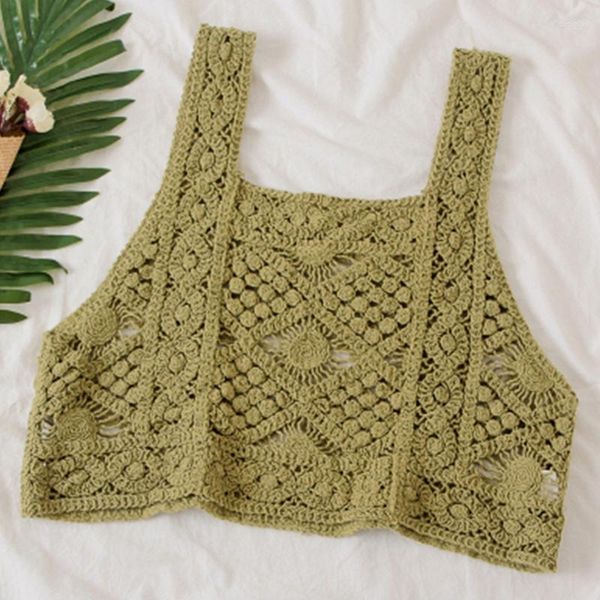 Débardeurs femmes femmes sans manches haut court débardeur évider Crochet tricoté géométrique Floral Camisole col carré pull ample gilet