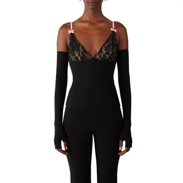 Débardeurs pour femmes Femmes Spaghetti Strap Débardeurs Rembourré Camisole Été Dentelle Patchwork Sans Manches Crop Clubwear Noir