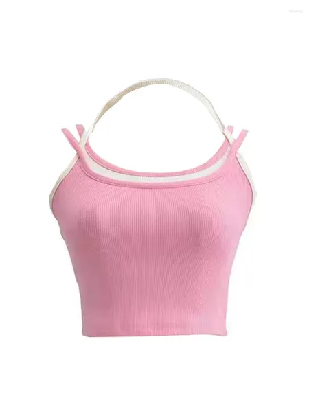 Camisetas sin mangas para mujer Camiseta sin mangas con tirantes finos para mujer Y2k con hombros descubiertos Halter Cami Bodycon Camiseta de entrenamiento de punto acanalado Ropa de calle (Rosa M)