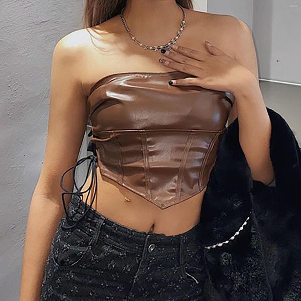 Tanks Femmes Femmes Bustier Tube Top Sexy Dames Femme Solide PU Cuir Gilet Dos Nu Skinny Hors Épaule Sans Manches Crop Tops