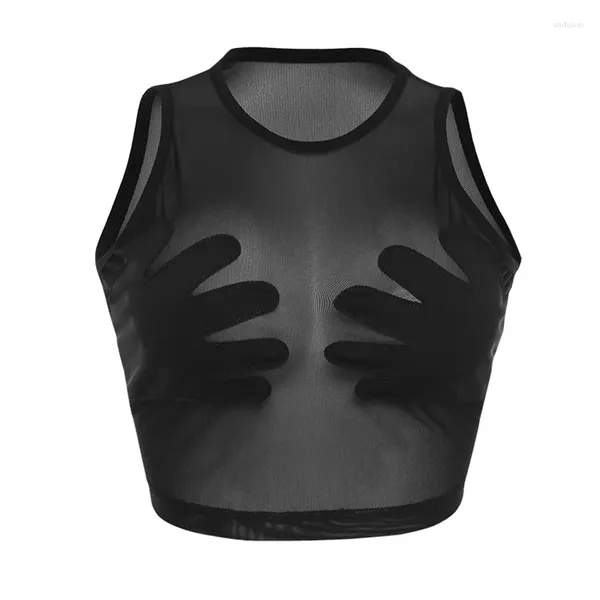 Tanques de mujer Mujeres Verano Malla negra Ver a través de Palm Touch The Chest Tank Top 2023 Sexy Clubwear Streetwear Crop Tops Ropa de cuello redondo