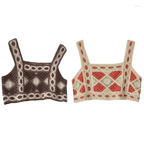 Tanques de mujer Mujeres Verano Bohemio Cultivo de punto para tanque Top Hollow Out Crochet Patrón geométrico Camisola Vintage Sin mangas Playa V N7YE