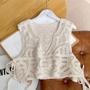 Dames Tanks Dames Zomer Holle Gehaakte Gebreide Trui Vest Sexy V-hals Zijsplit Tie Up Bandage Mouwloos Crop Voor Tank Top