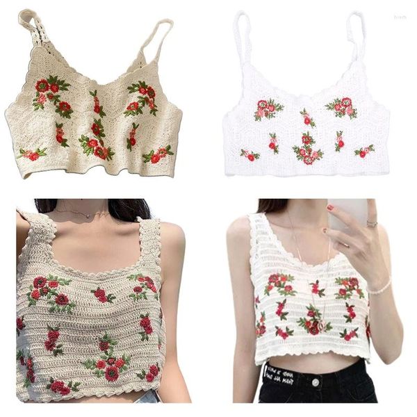 Tanks Femmes Femmes Été Creux Crochet Tricot Camisole Gilet Bohème Feuilles Florales Broderie Sans Manches Court Crop Top Bralette Strappy