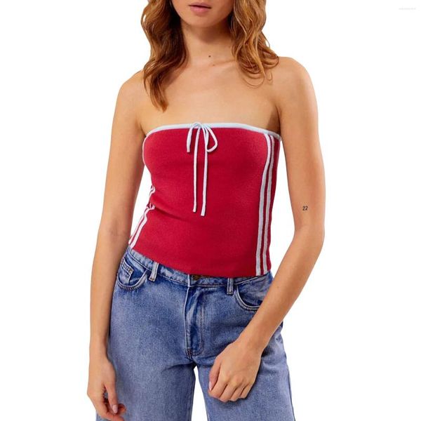 Camisetas sin mangas para mujer, Tops de tubo de punto con estampado a rayas, chaleco Bandeau con cordón, Espalda descubierta para ropa de calle, ropa estética