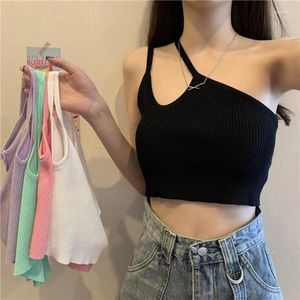 Tanks Femmes Femmes Été Côtelé Tricoté Débardeur Sexy Découpe Irrégulière Une Épaule Camisole Spaghetti Sangle Solide Couleur Casual Gilet De Base