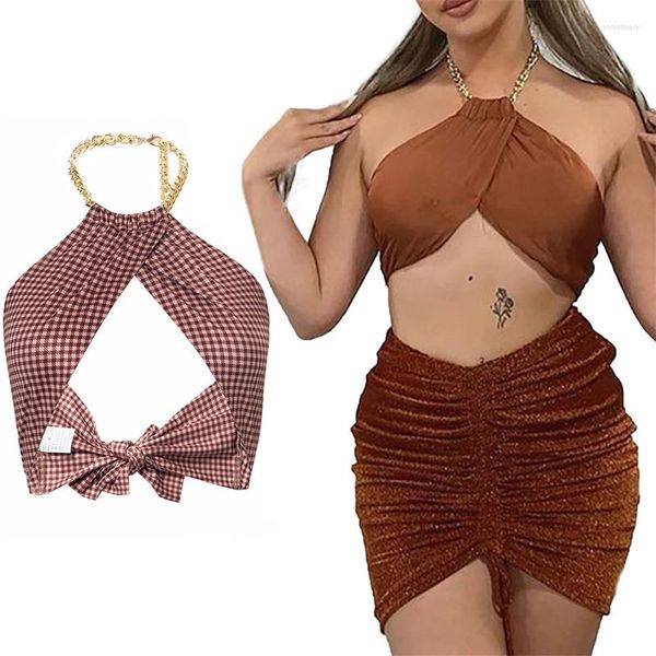 Tanques de mujer Mujeres Verano Sexy Halter Crop Tops Sin mangas Self Tie Backless Color sólido / Plaid Print Wrap Camisole Ladies Slim Fit Ropa