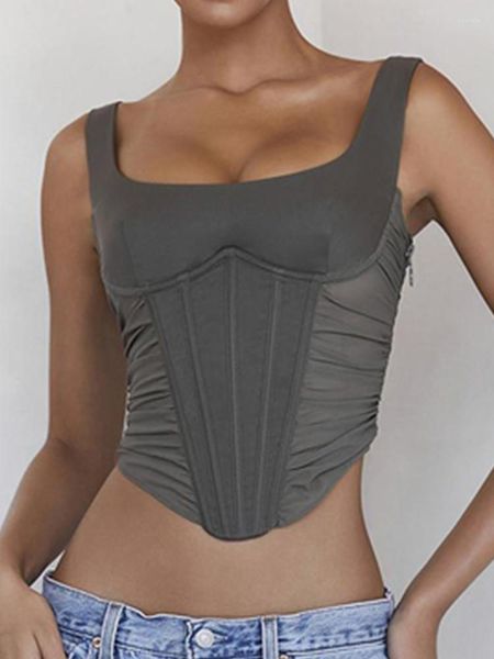 Tanques de mujer Mujer Verano Sexy Corbata Cuello cuadrado Sin espalda Bailarina Rendimiento Fiesta Discoteca Noche Playa Calle Camis Chaleco Crop Top Gris