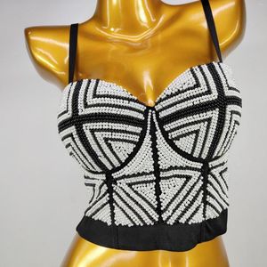 Tanques de mujer Mujer Verano Sexy Cuello en V Diamantes brillantes Perla Bailarina Disfraz Fiesta Discoteca Noche Camis Chaleco Crop Top Caqui Amarillo Negro