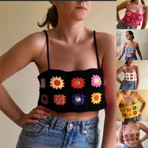 Tanks de femmes femmes Sumoux sans manches carrées carrées à coque à coque à lacets Camisole et ethniques crevés au crochet à fleurs en tricot tricot