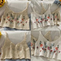 Tanques de mujer Mujeres Verano Spaghetti Strap Crop Top Beach Holiday Crochet Knit Camisole Floral Bordado V-Cuello Boho Bustier Chaleco