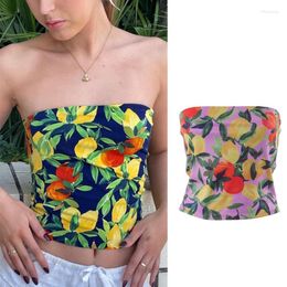 Camisetas sin mangas de verano para mujer, sin tirantes, con hombros descubiertos, Bandeau Tube Top, estampado de limón tropical, sin mangas, camisola envuelta en el pecho