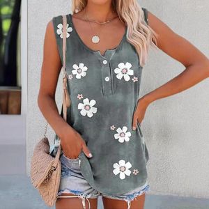 Damestanks vrouwen zomervest bloemenprint tanktops voor streetwear tuniek met knoppen halslijn los flowy fit