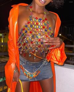 Débardeurs femme été Sexy licou dos nu brillant diamants danseuse Costume fête discothèque soirée plage Camis gilet couleur