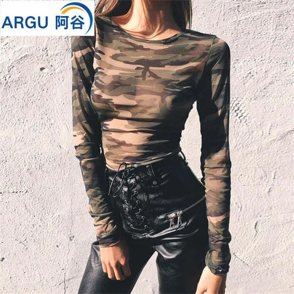 Tanks Femmes Femmes Vintage Camouflage T-shirt Été Sexy Tulle À Manches Longues Crop Tops Dames Streetwear Basic Imprimer O Cou Slim Tees