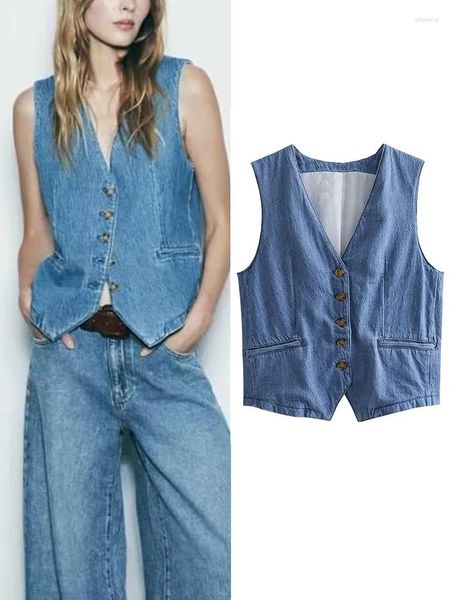 Tanks pour femmes Femmes Vintage Denim Gilet 2023 Chic Dames Automne Solide Poche Gilet Casual Col En V Sans Manches Bouton Tops