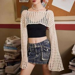 Tanks pour femmes Femmes Y2K Crochet Tricot Creux Out Crop Top Long Pull à manches évasées Cardigan Casual Streetwear Vintage Vêtements féminins