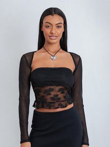 Dames Tanks Dames Y2K Kant Uitgaan Tops See Through Mesh Lange mouw Schouderophalen Shirt Cami Tube Top 2-delig streetwear