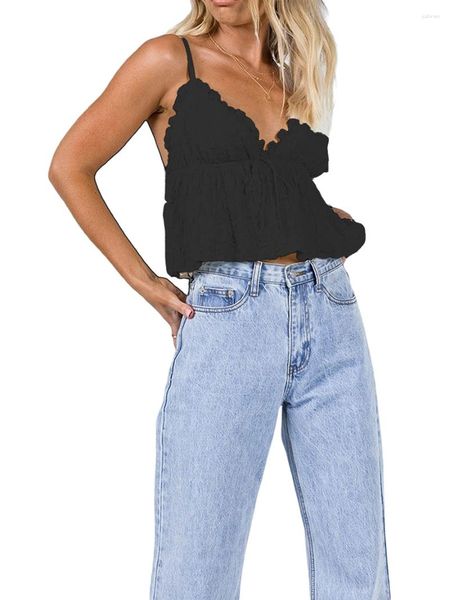 Tanks de femmes femmes Y2k Ruffle Camisole Crop Top Spaghetti Spaghetti V Cami Cami Summer Rucched Eatt Up Couleur