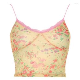 Débardeurs pour femmes Femmes Crop Top Sexy Col V Dos Nu Camisole Vintage Imprimé Floral Dentelle Patchwork Sling Vest Party