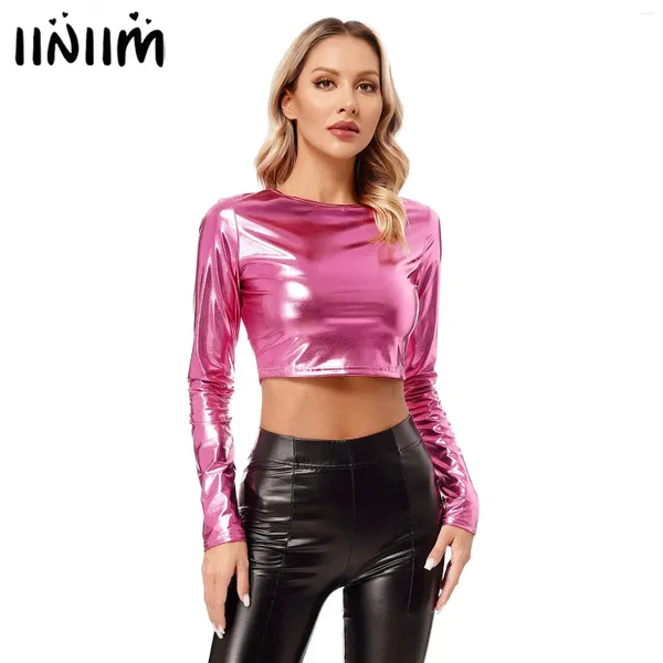 Tanks de mujer Fashion Fashion Metallic Crop Top Round Camiseta de manga larga Raves Fiest Music Festival Slim Fit Tops Clubwear Streetwear