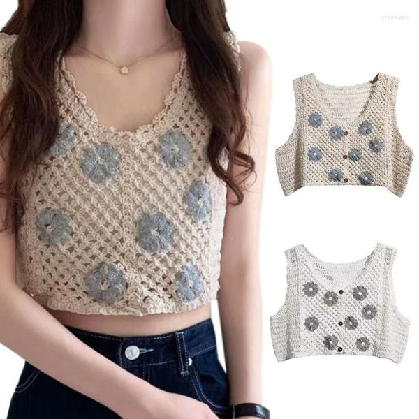 Tanques de mujer Camisetas sin mangas de punto para mujer Chaleco sin mangas hueco francés Top corto con cuello en V vintage Cárdigan de ganchillo con botones para diario