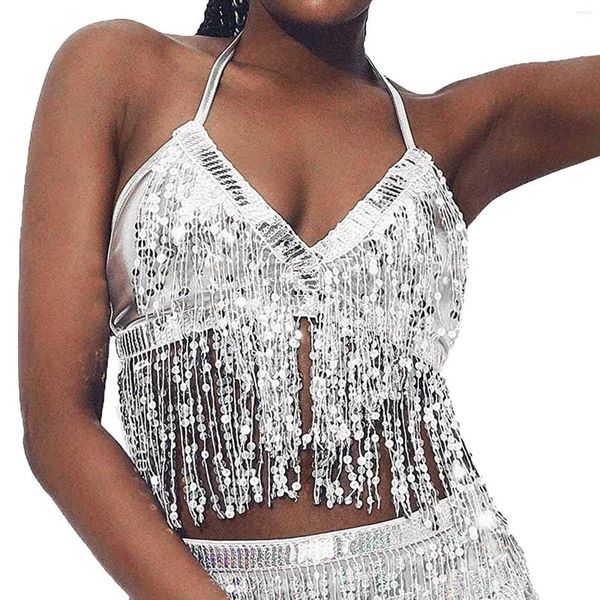 Débardeurs pour femmes Womens Ladies Fashion Wet Look Halter Neck And Back Tie Up Latin Belly Dance Bra Top avec Paillettes Tassel Party Club Wear