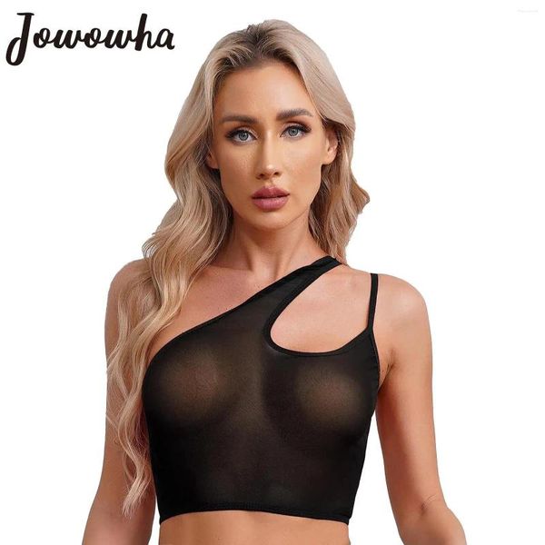 Tanks pour femmes Femmes See-Through Crop Top One épaule Couleur solide Cover Up Tops Tops Workout Fitness Yoga Pool Party Swimwear Clubwear