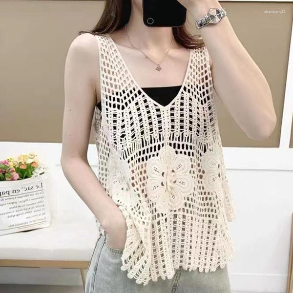 Femmes Débardeurs Femmes Sexy D'été Crochet Pour Débardeurs Décontracté Sans Manches Lâche Ajusté Col En V Évider Chandail Gilet Cami Chemise Blous