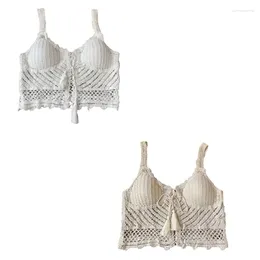 Débardeurs pour femmes Femmes Summer Hollow Out Crochet Tricot Sans manches Crop Top Bohème Lace-Up Rembourré Cami Chemises Gilet Beachwear