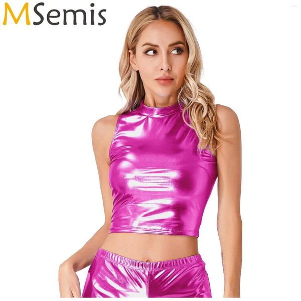 Tanks Femmes Femmes Turtleneck Crop Tank Tops Dames Mode Camis Sans Manches Col Mock Wet Look Faux Cuir Rave Party Clubwear