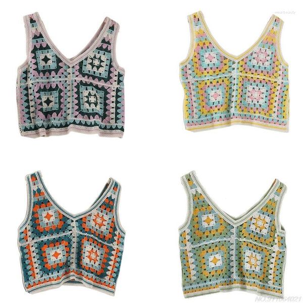 Tanks Femmes Femmes Vintage Crochet Sans Manches Crop Top Col V Creux Out Tricot Gilet Boho Multicolore Motif Carré Pull Réservoir Dropship