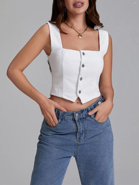 Tanks pour femmes Wsevypo Chic Backlessless Denim Crop Tops Tops Summer Fashion Larges Buttes Square Boutons Vers pour Work Street Daily