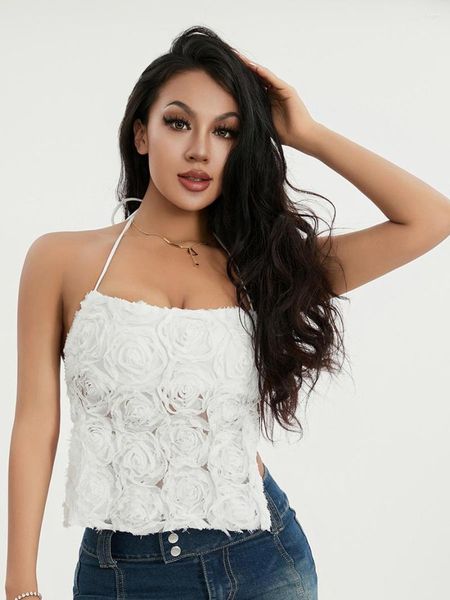 Débardeurs pour femmes Wsevypo Blanc Fleur Décor Halter Tie-Up Vest Tops Summer Sweet 2000s Sans Manches Dos Nu Cross Bandage Crop Camis