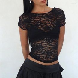 Tanks pour femmes Xingqing Black Sheer Lace Top Y2K Esthétique Femmes Voir à travers manches courtes Dos ouvert Été Slim Fit Vest Tees Streetwear