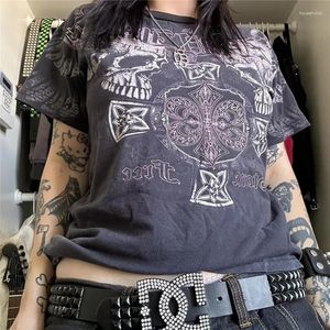 Tanks pour femmes Xingqing Cyber Goth Y2K Crop Top 2000s Femmes Skull Imprimer Col rond T-shirts à manches courtes T-shirts graphiques Grunge Vêtements