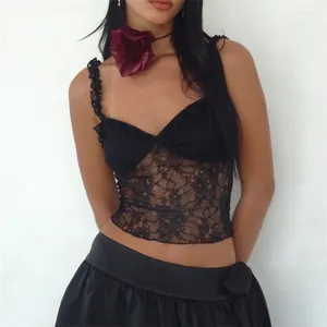 Tanks pour femmes Xingqing Floral Lace Tops pour femmes Sexy Sheer Voir à travers Spaghetti Strap Sans manches Camisole 2000s Vêtements Party Clubwear